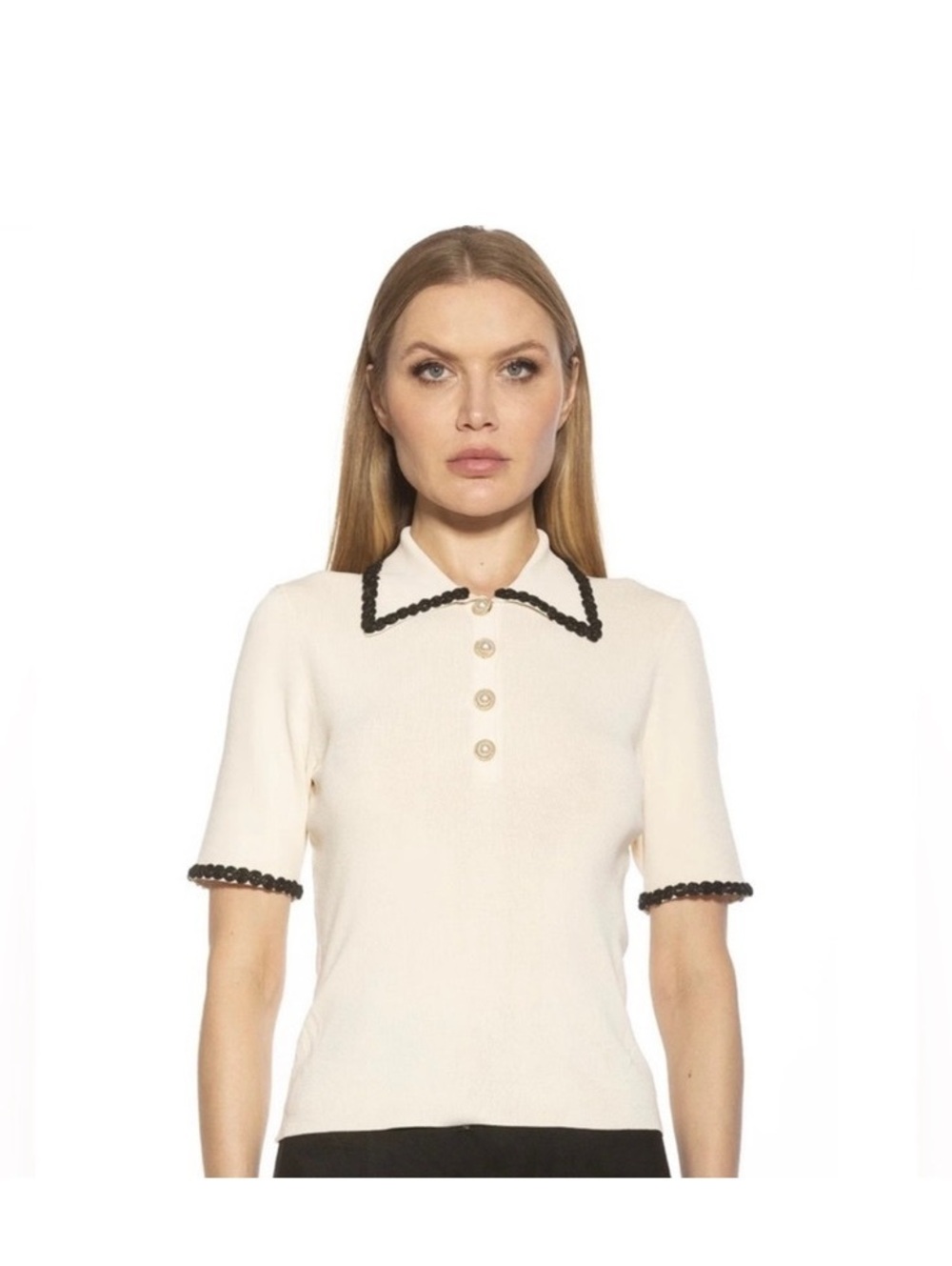 Alexia Admor Brianna White collared knit polo pearl buttons black trim M